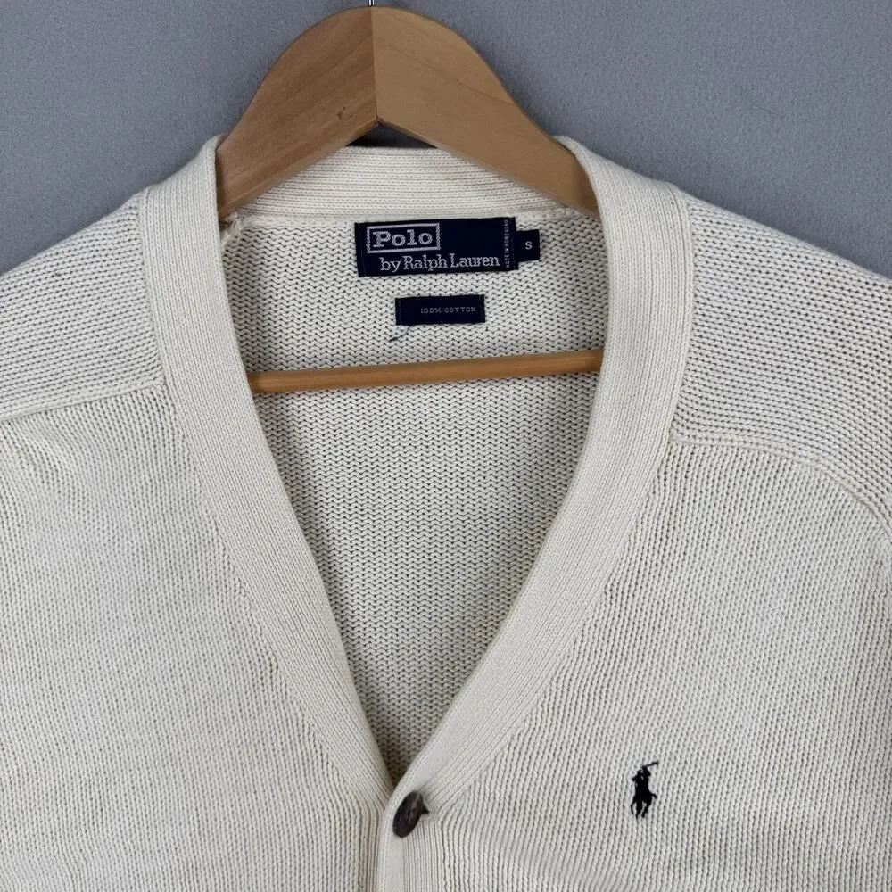 Vintage Polo Ralph Lauren Sweater Mens Small White Cotton V Neck Knit Cardigan
